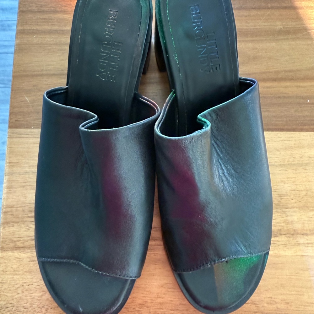 Little Burgundy Black Leather Block Heel Mules